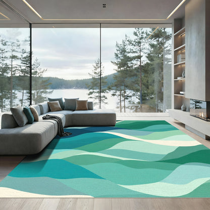 Abstract Teal Blue Wave Landscape Rug