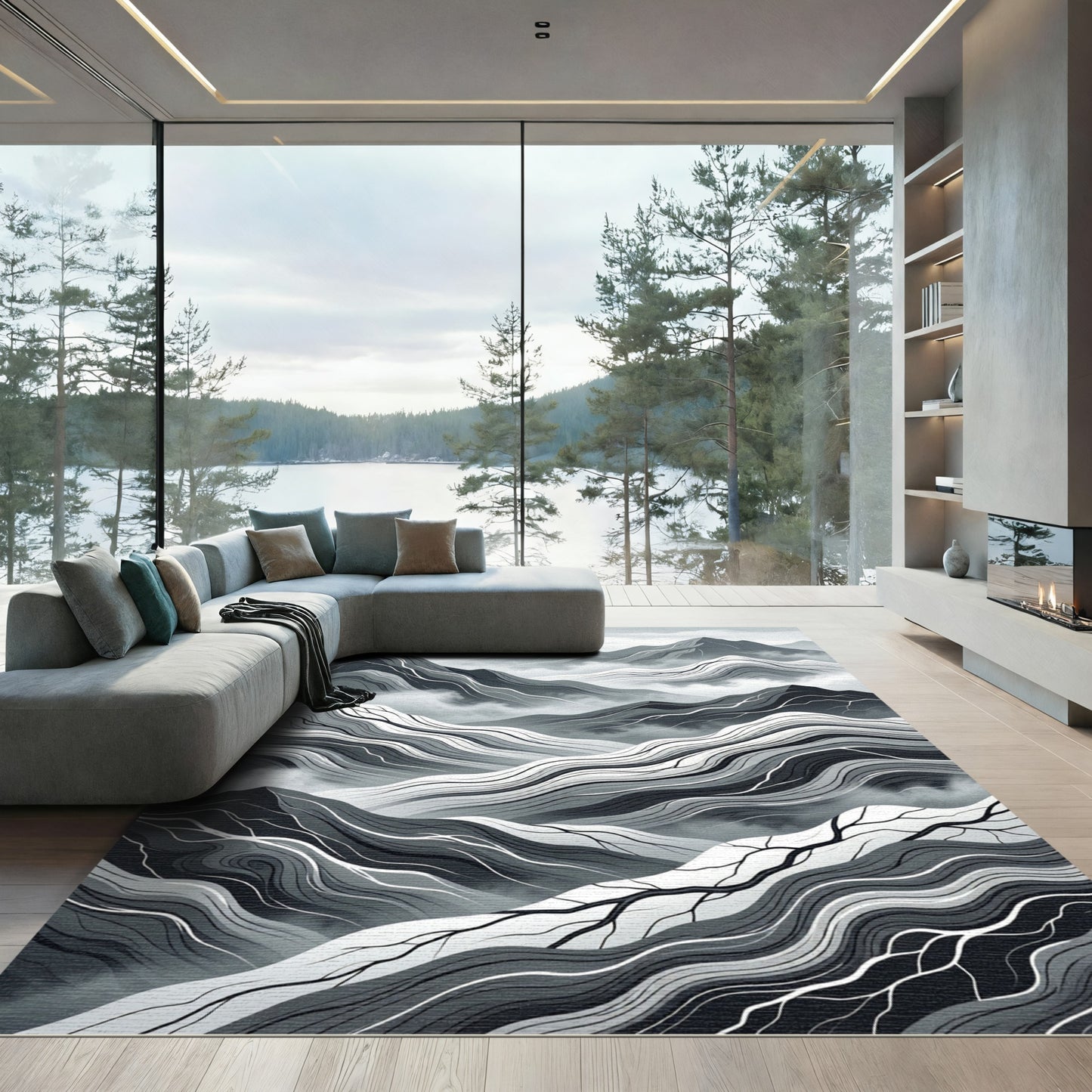 Minimalist Monochrome Mountain Valley Landscape Rug
