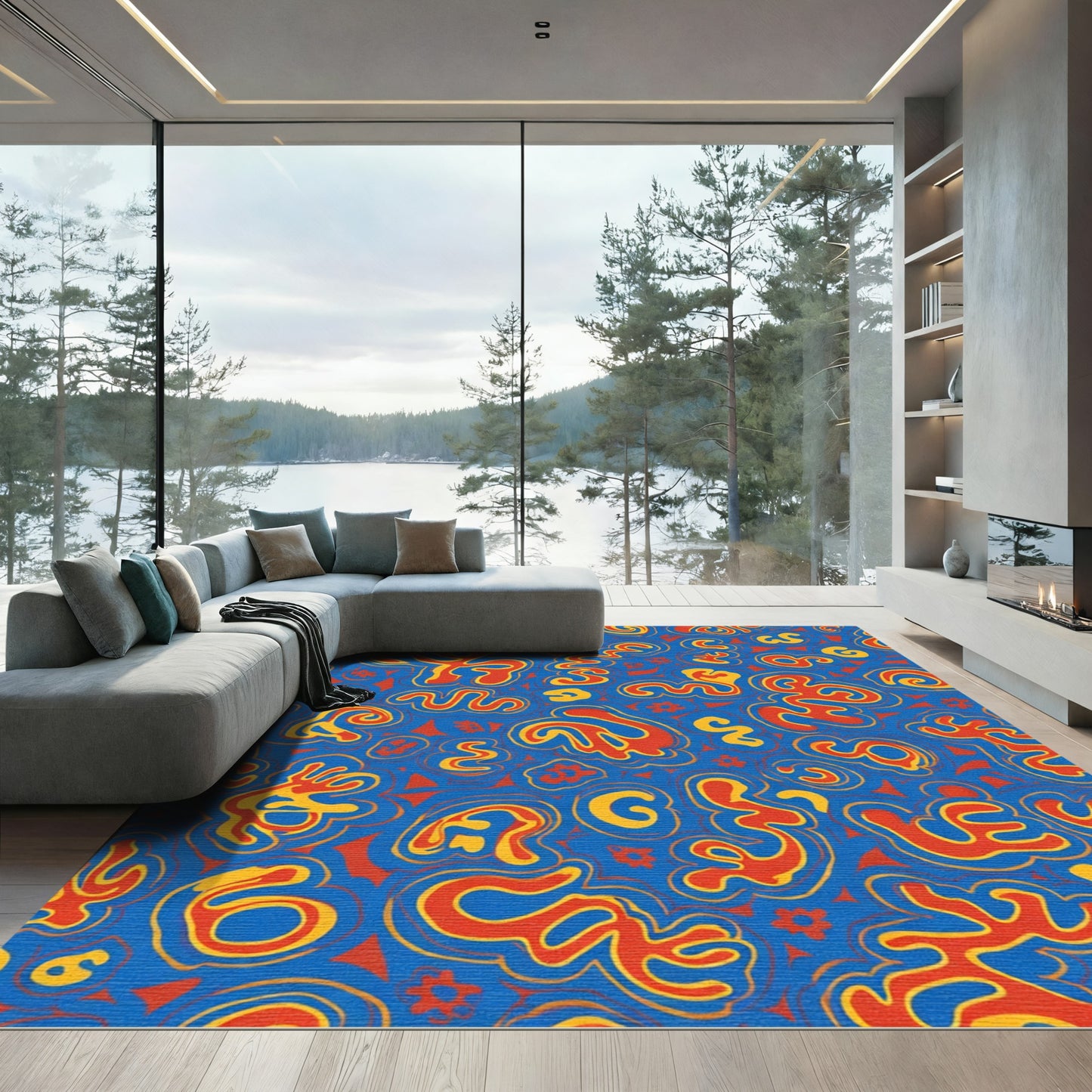 Bold Blue Orange Swirling Abstract Forms Rug