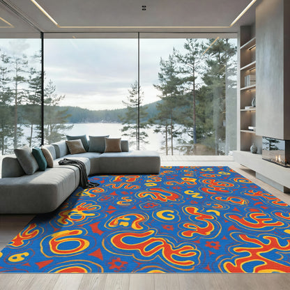 Bold Blue Orange Swirling Abstract Forms Rug