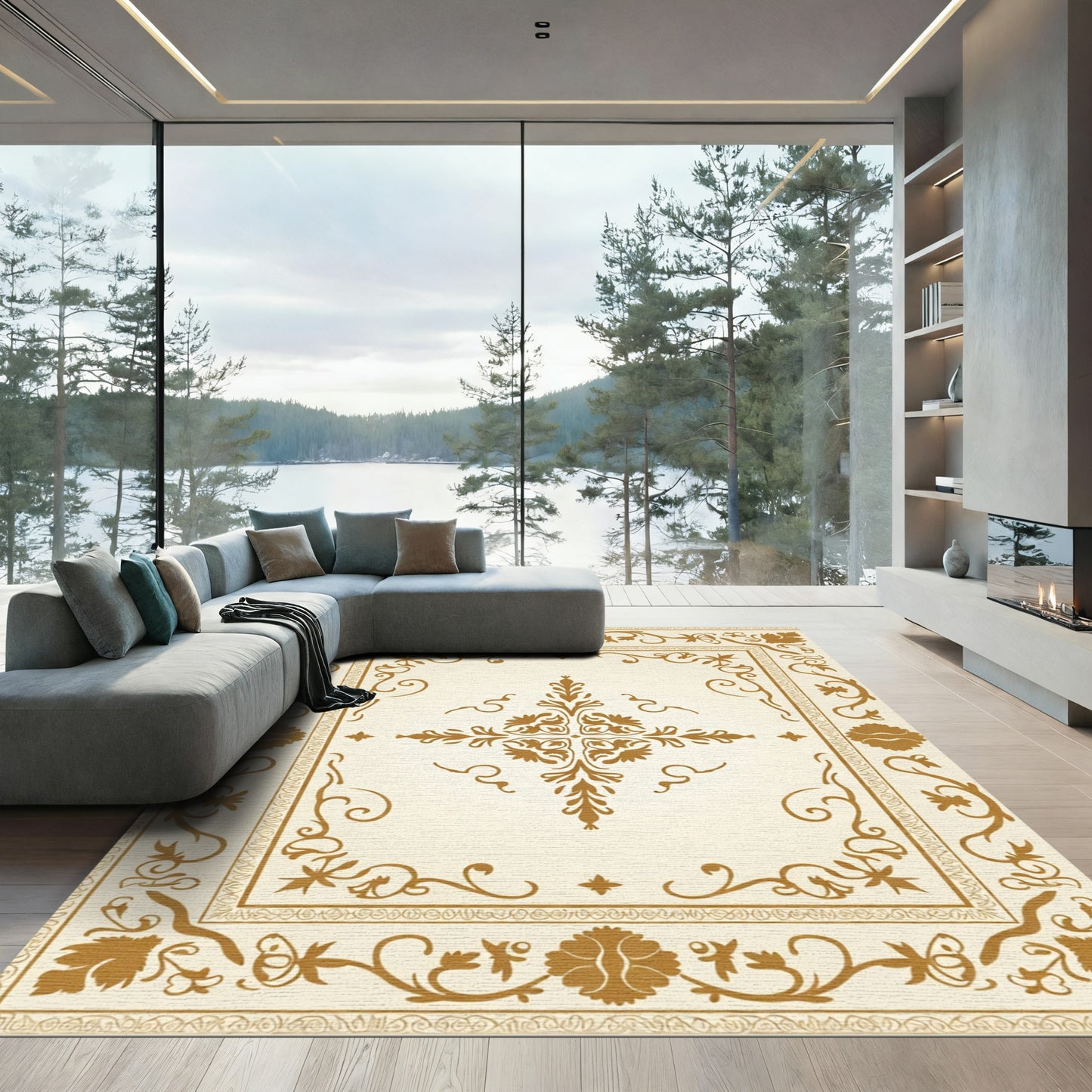 Gold Antique Floral Scroll Frame Rug