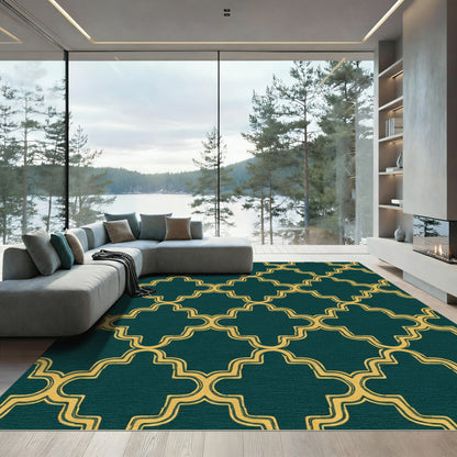 Deep Teal Gold Arabesque Lattice Rug
