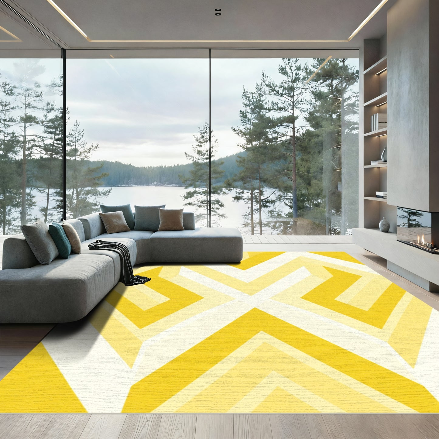 Golden Yellow Geometric Chevron Arrangement Rug