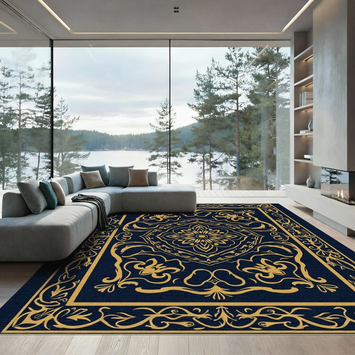 Golden Dark Blue Floral Medallion Rug