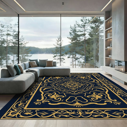 Golden Dark Blue Floral Medallion Rug