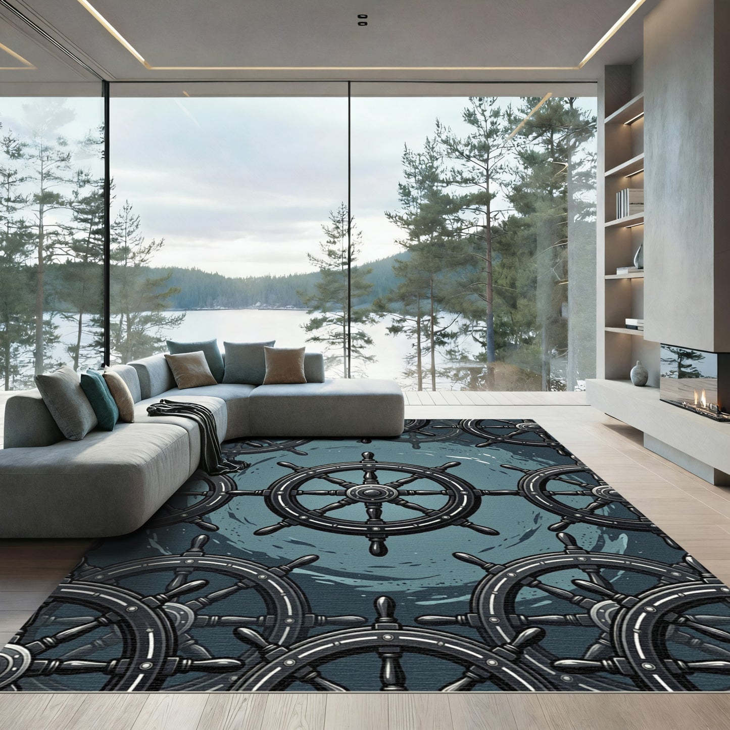 Nautical Steering Wheel Dark Slate Repetition Rug