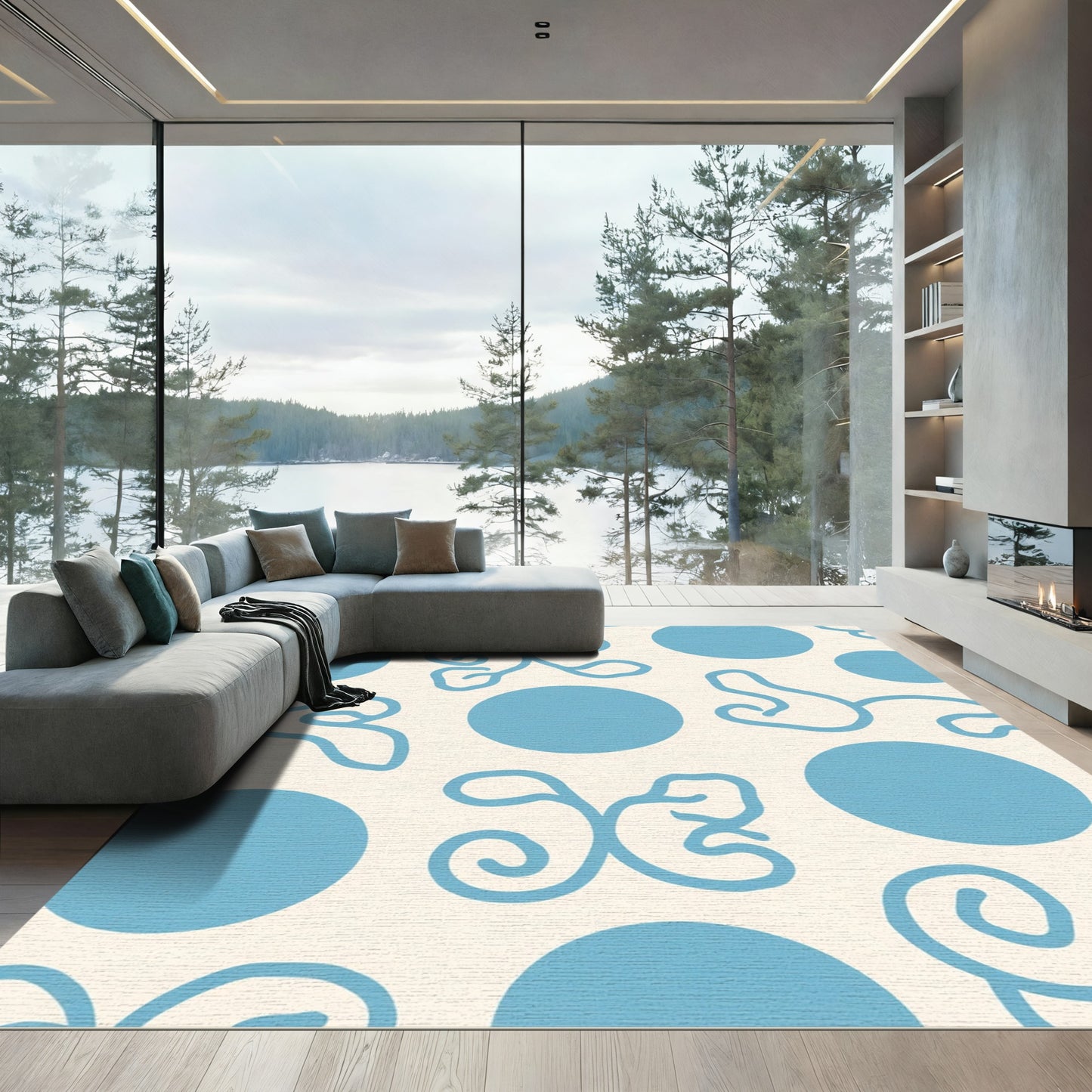 Cream Blue Dot Swirls Rug