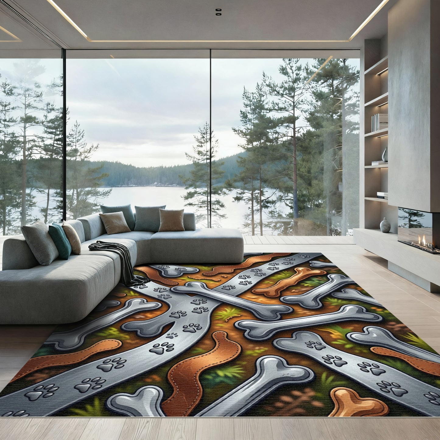 Playful Silver Bone and Paw Track Rug