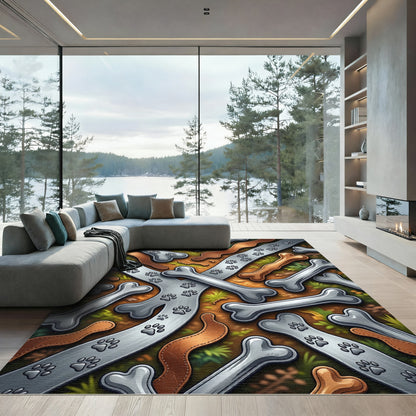 Playful Silver Bone and Paw Track Rug