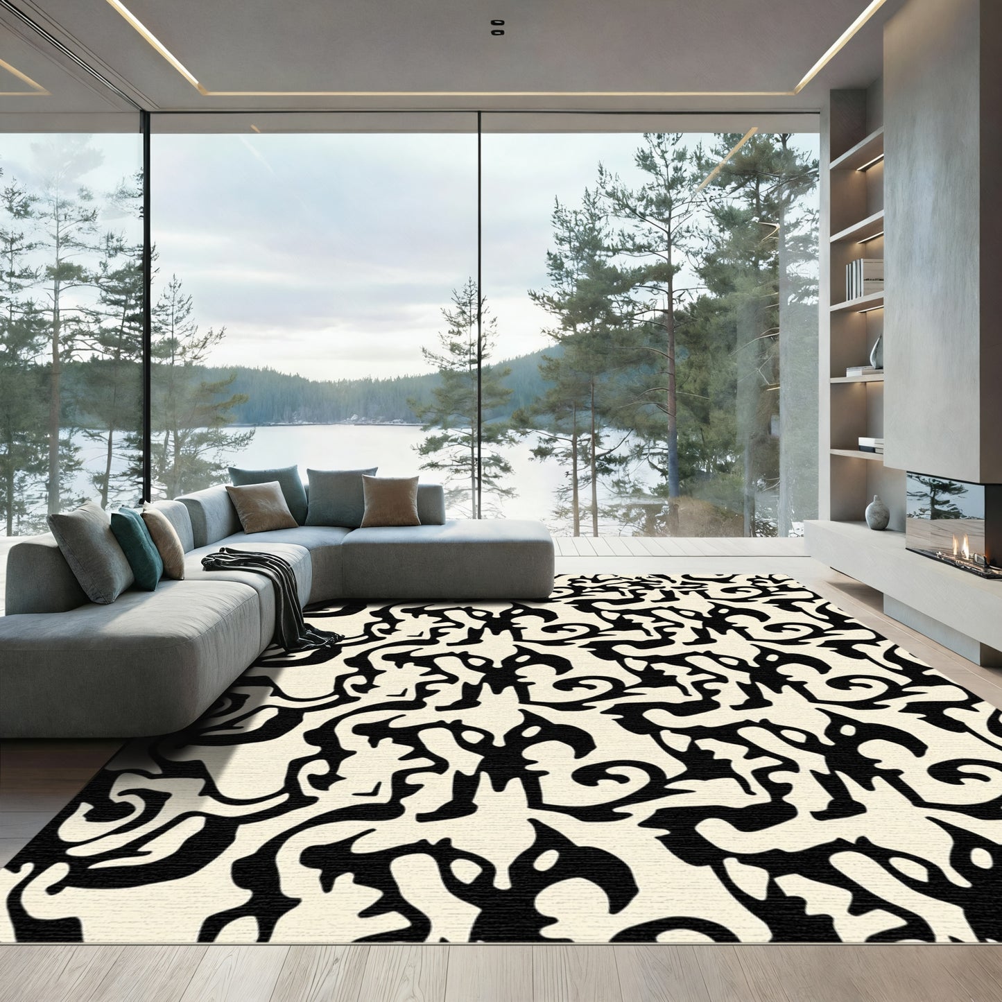 Bold Black Abstract Swirl Cream Rug