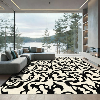 Bold Black Abstract Swirl Cream Rug