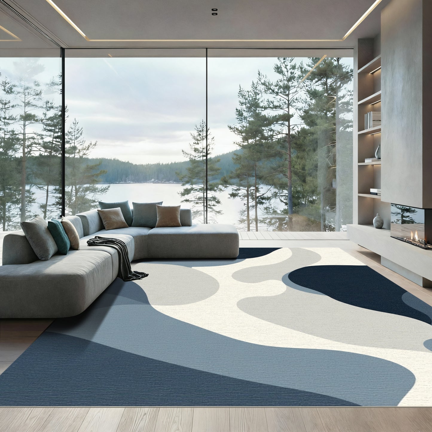 Abstract Blue Hues Organic Waves Rug