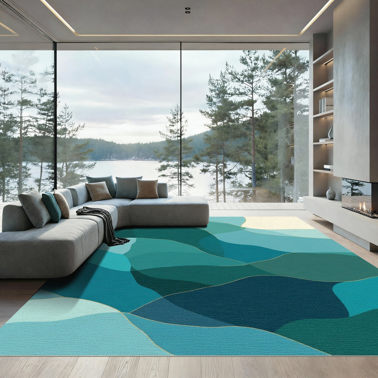 Deep Teal Abstract Wavy Landscape Rug