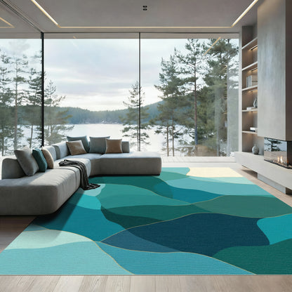 Deep Teal Abstract Wavy Landscape Rug