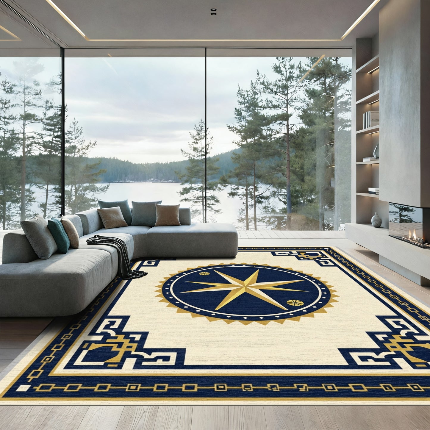 Navy Gold Compass Star Border Rug