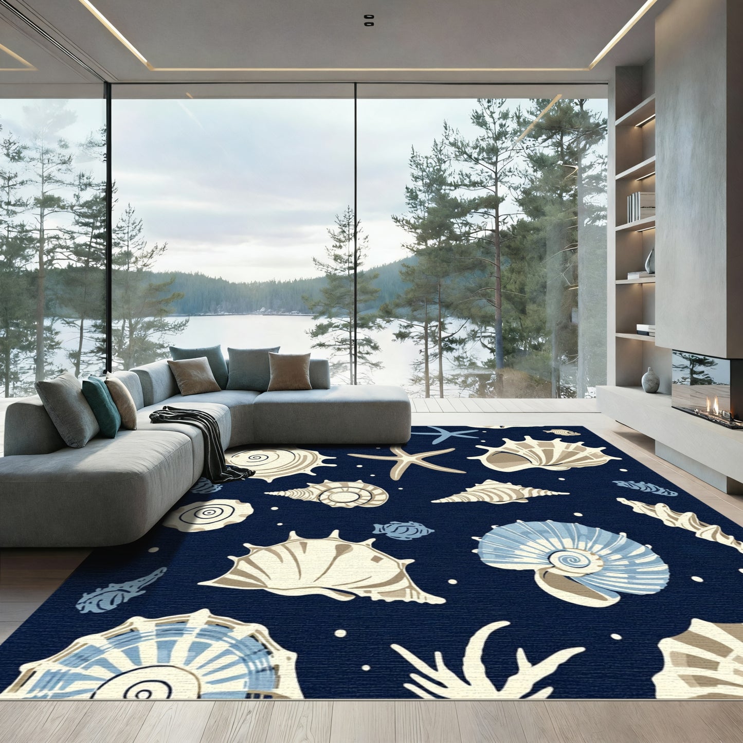 Navy Blue Seashell Starfish Collection Rug