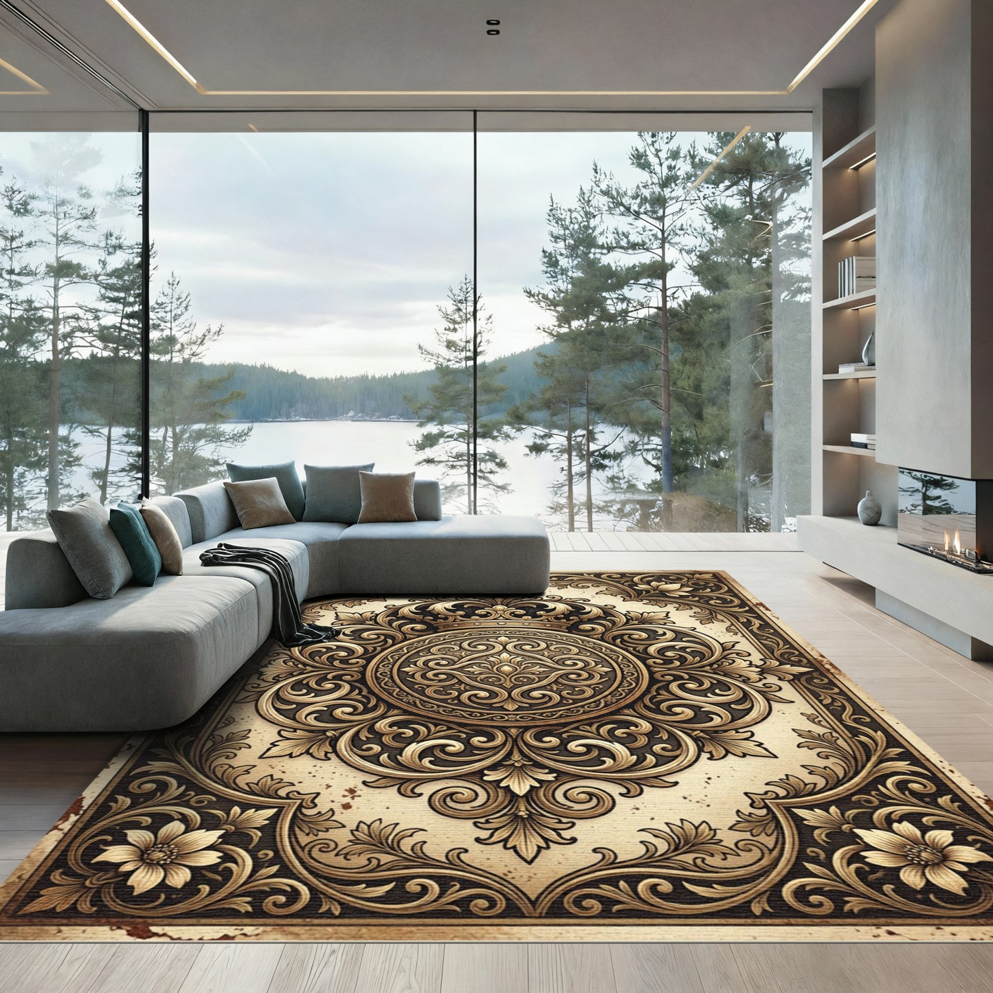 Ornate Golden Crown Baroque Medallion Rug