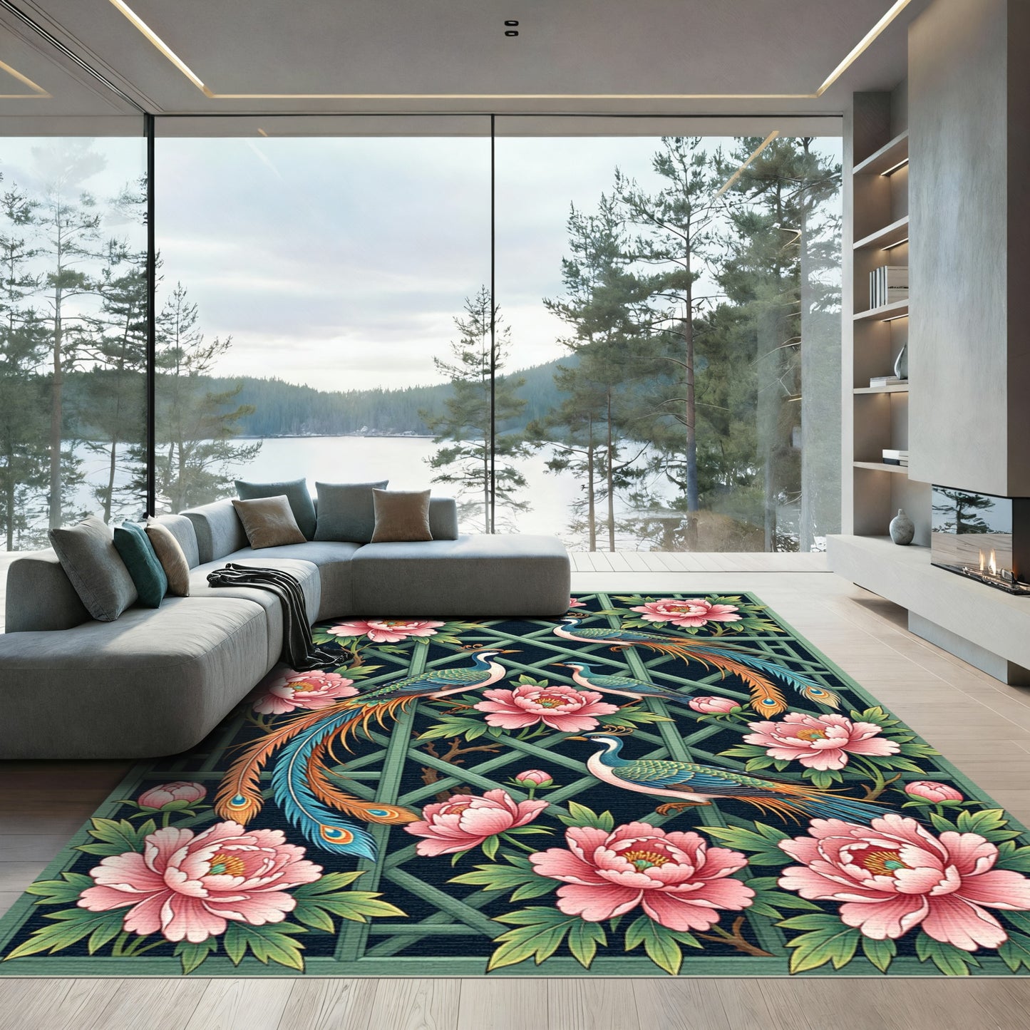 Elegant Peacock and Peony Lattice Rug