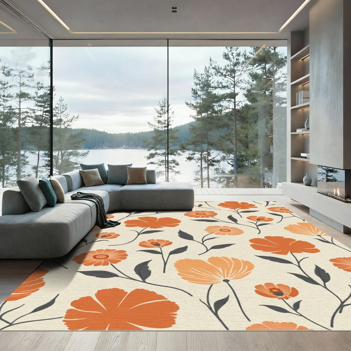 Warm Orange Meadow Floral Arrangement Rug