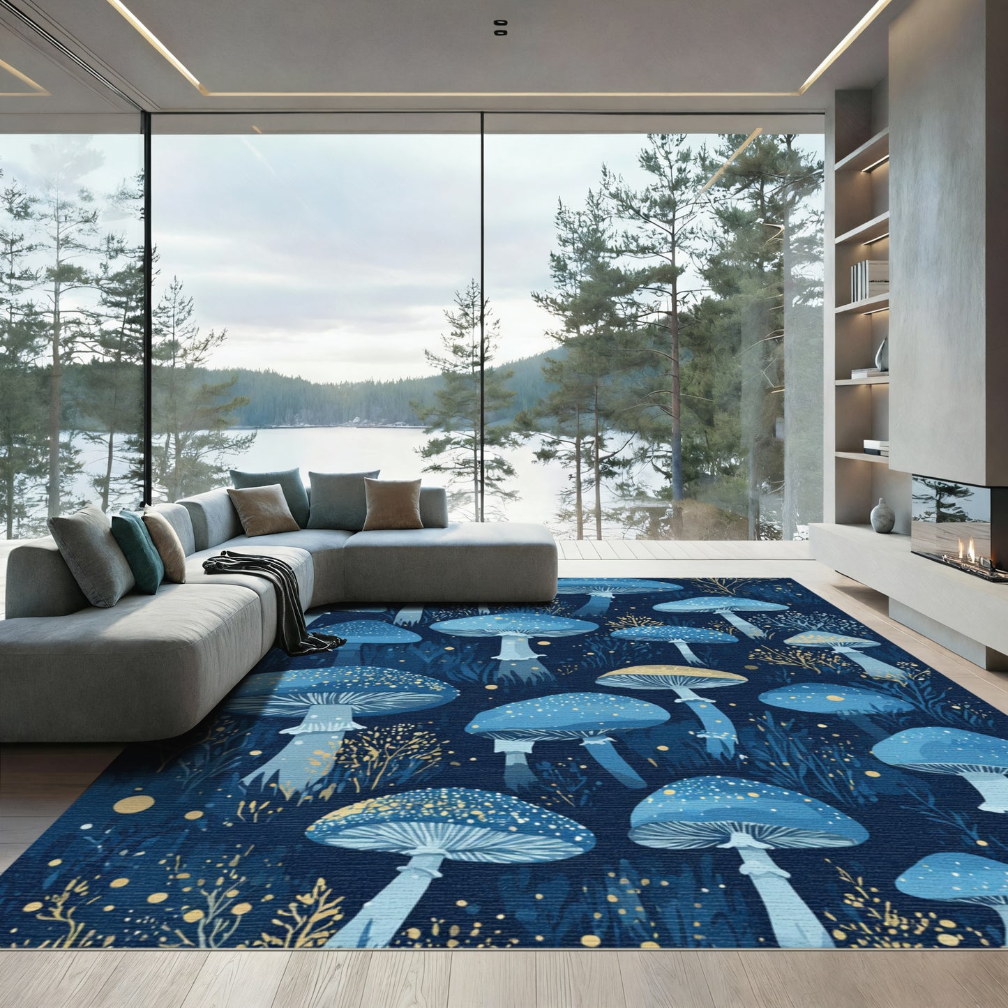 Enchanted Blue Mushroom Forest Glow Rug