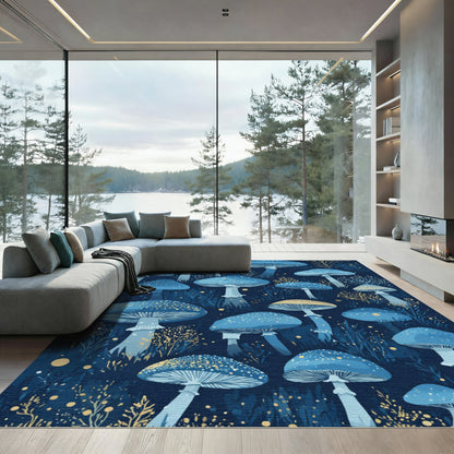 Enchanted Blue Mushroom Forest Glow Rug
