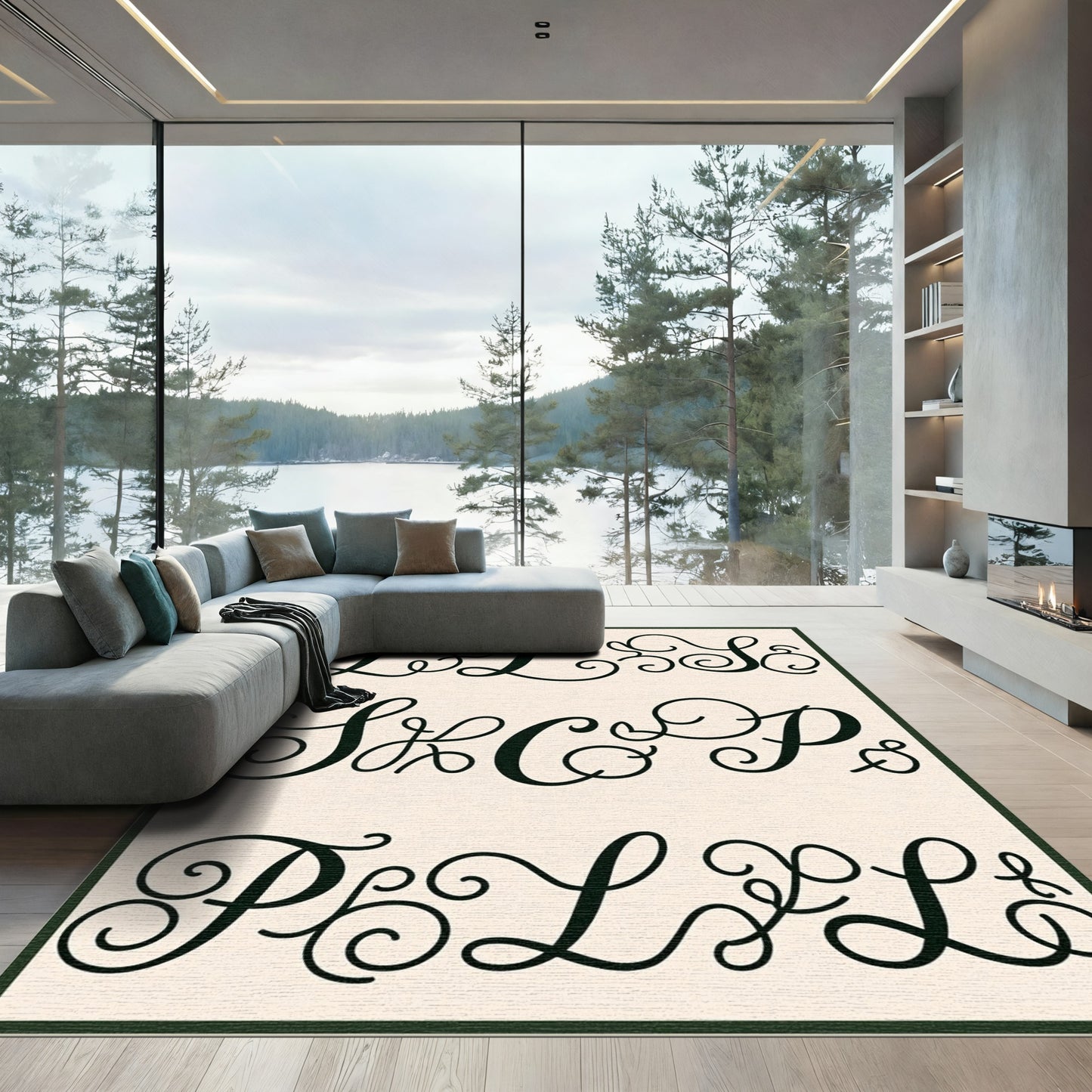 Black Script Alphabet Monogram Swirl Rug