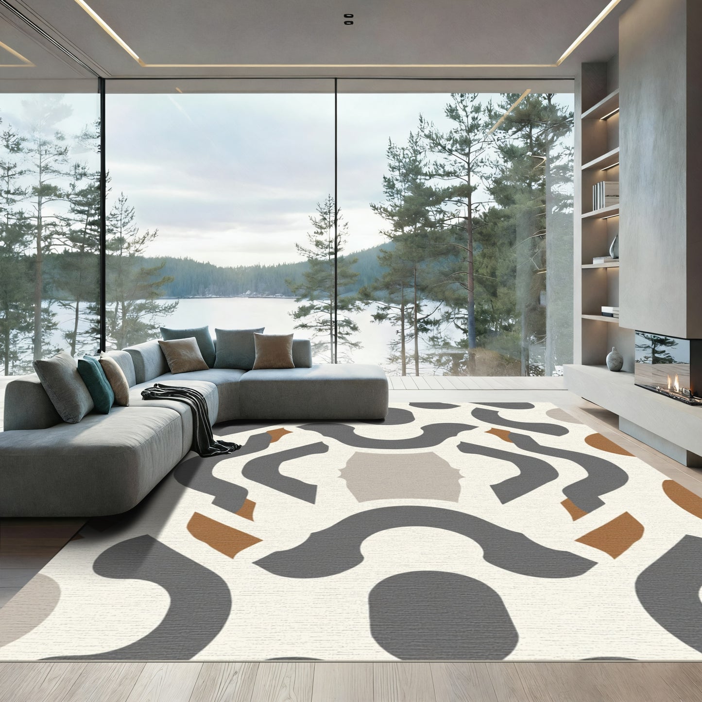 Modern Cream Gray Brown Abstract Overlay Rug