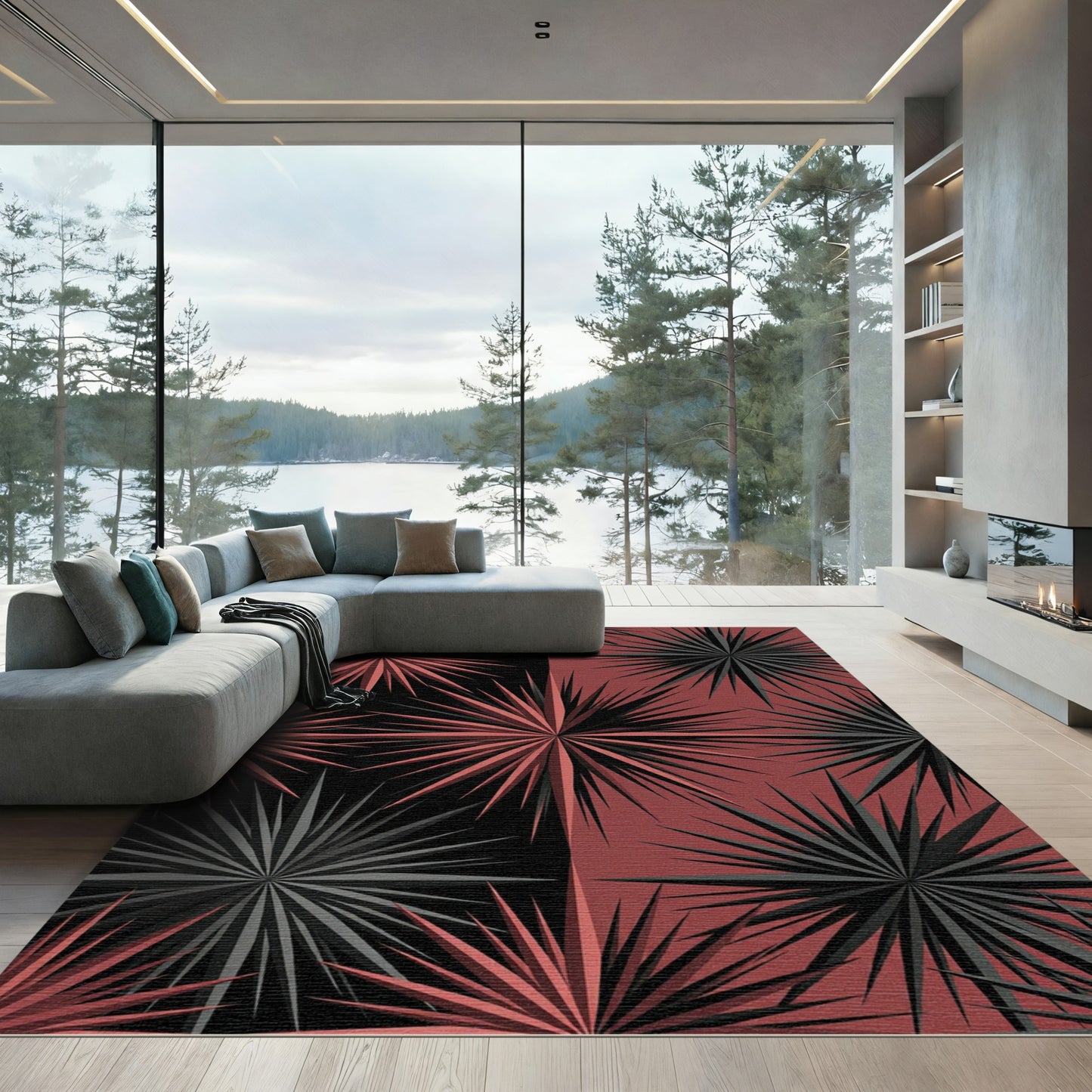 Modern Black and Red Starburst Rug