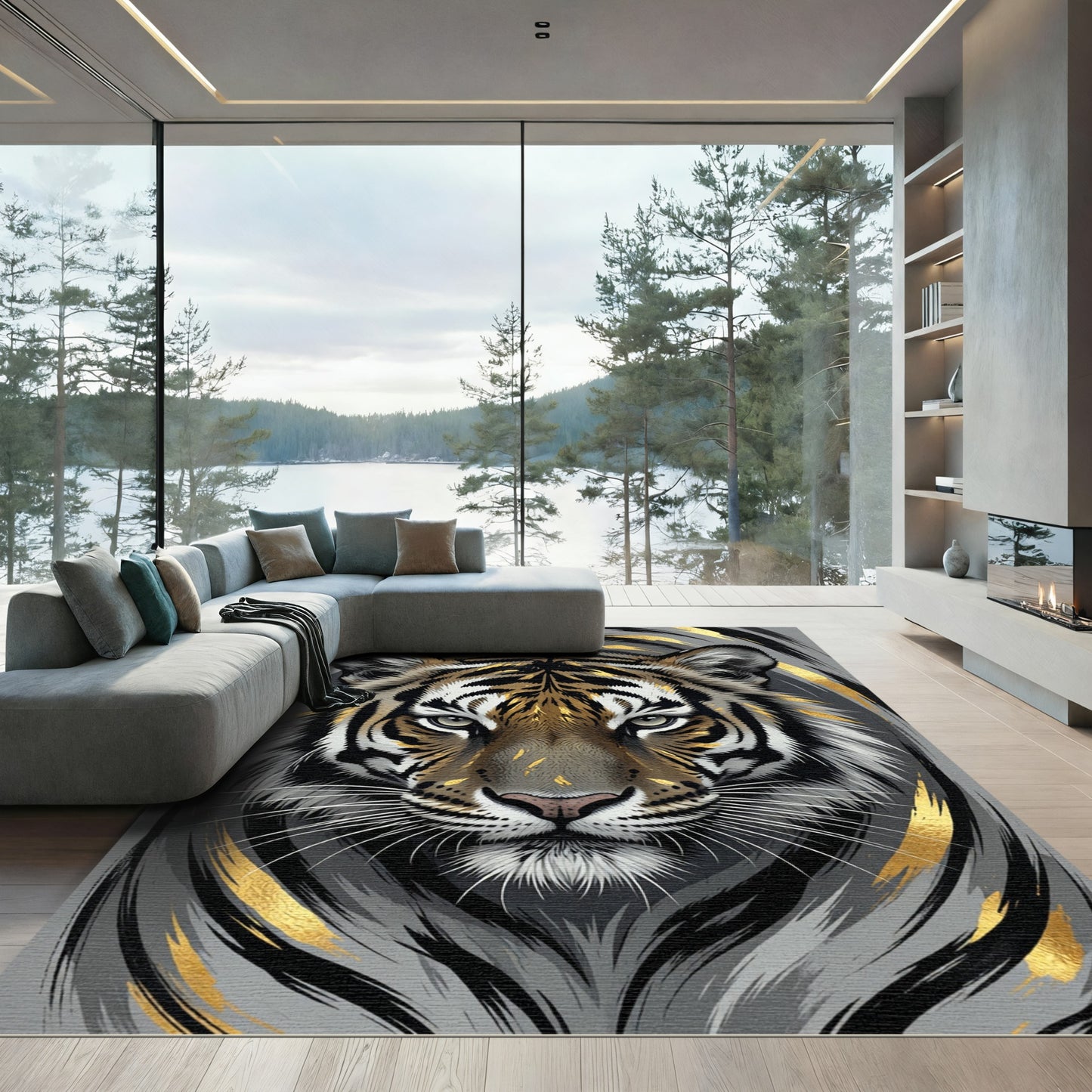 Majestic Gold And Charcoal Tiger Portrait Rug