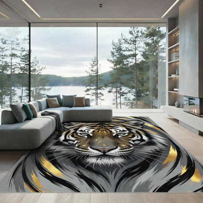 Majestic Gold And Charcoal Tiger Portrait Rug