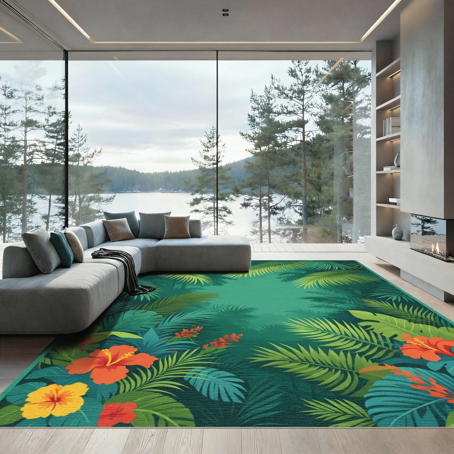Lush Green Tropical Hibiscus Jungle Rug