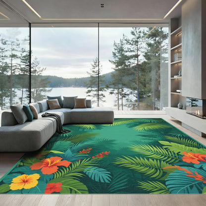 Lush Green Tropical Hibiscus Jungle Rug