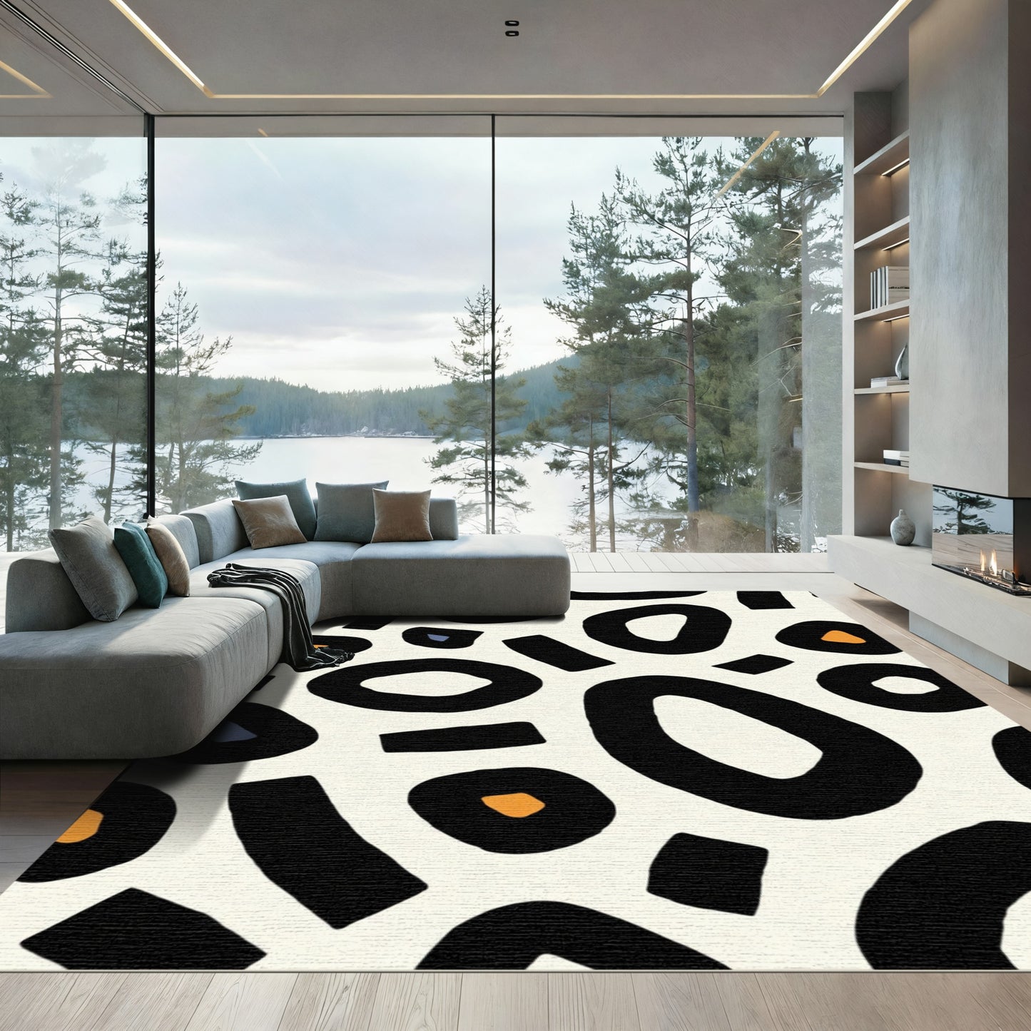 Abstract Black Orange Blue Blobs Rug