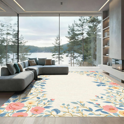 Coral Pink Yellow Blue Floral Branch Rug