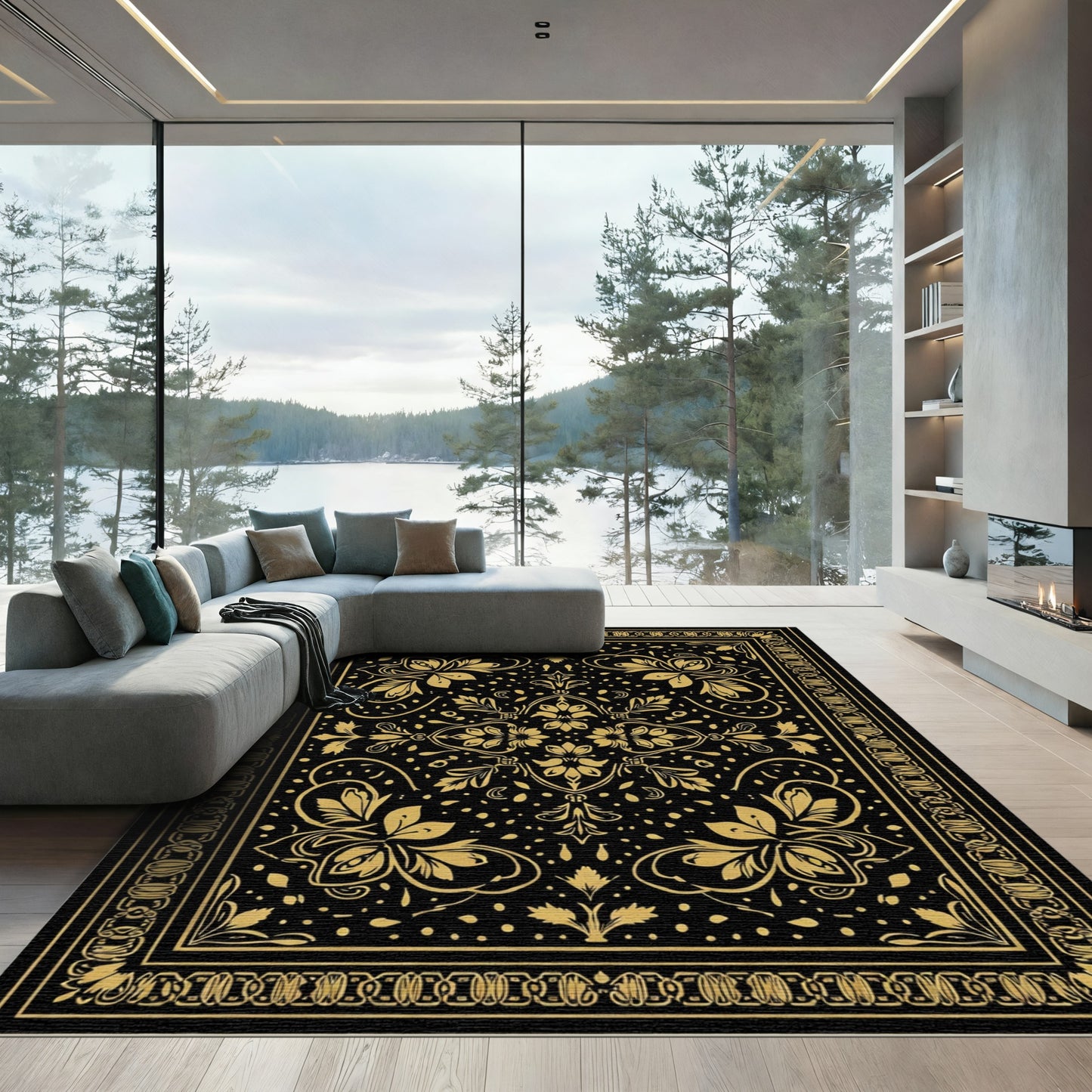 Golden Floral Black Scroll Rug