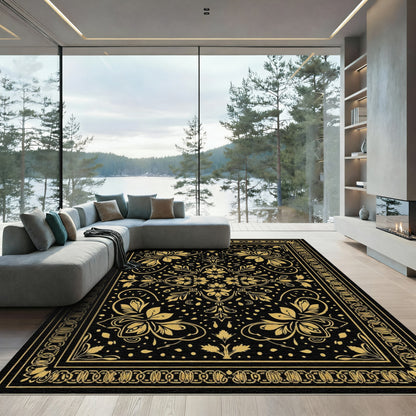 Golden Floral Black Scroll Rug