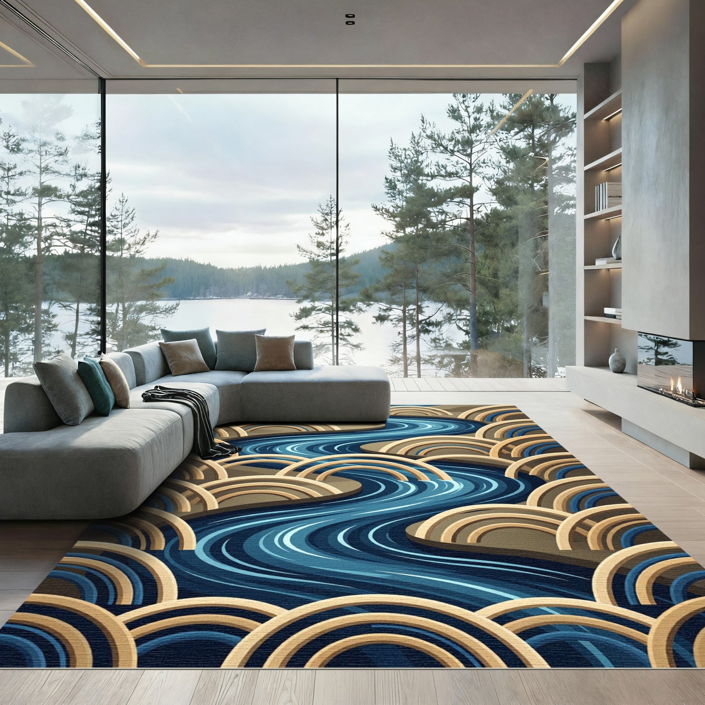 Abstract Blue River with Golden Arcs Rug