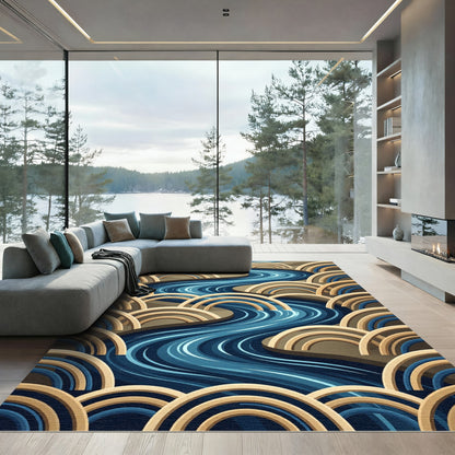Abstract Blue River with Golden Arcs Rug