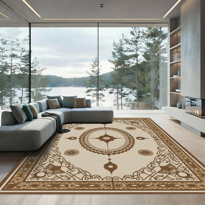 Brown Oval Medallion Floral Border Rug