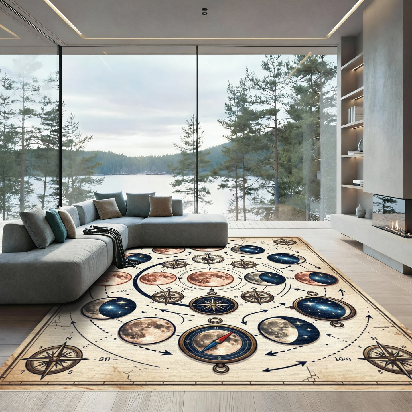 Celestial Lunar Phase Compass Map Rug