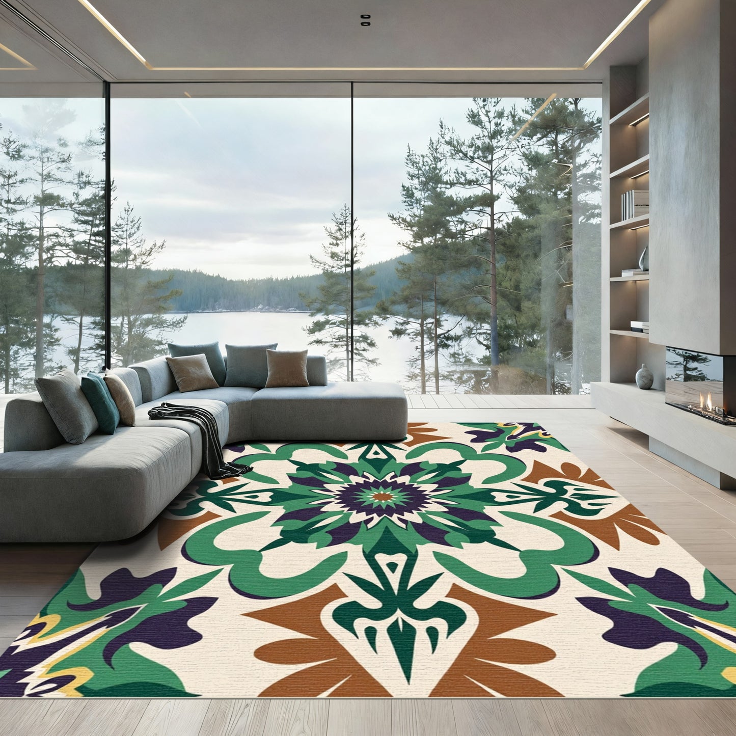 Rich Green Purple Floral Medallion Rug