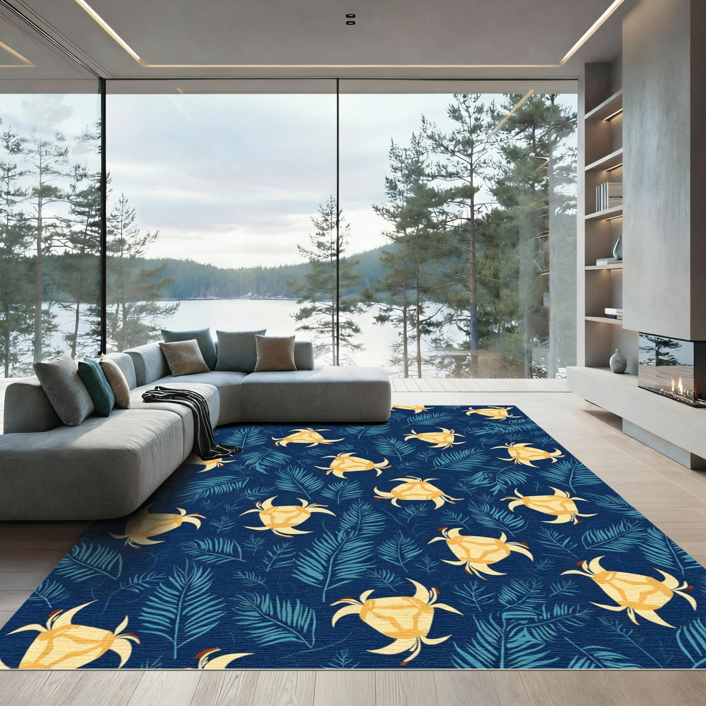 Yellow Flower Teal Leaf Pattern Rug