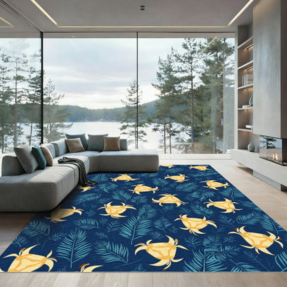 Yellow Flower Teal Leaf Pattern Rug