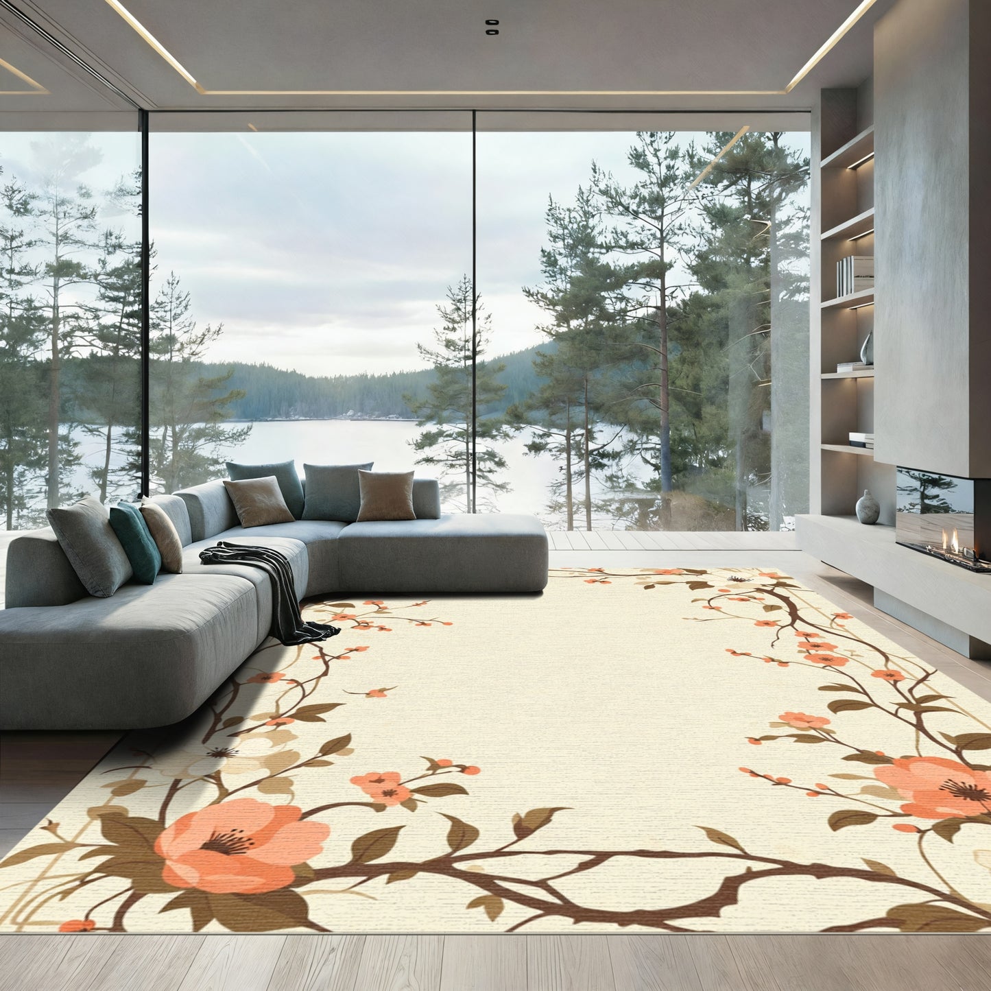 Coral and Cream Blossom Branch Frame Rug