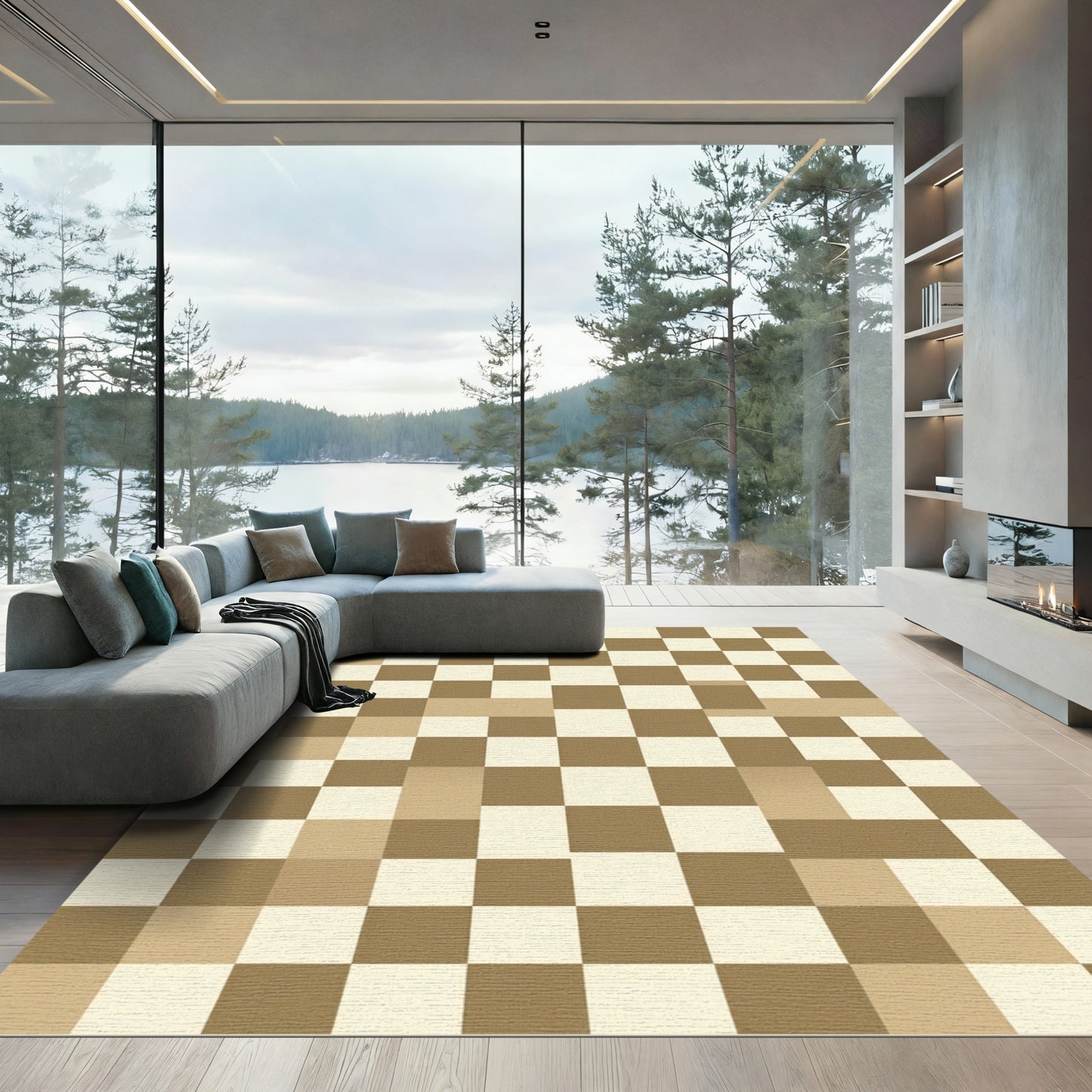 Neutral Tan Checkered Grid Texture Rug