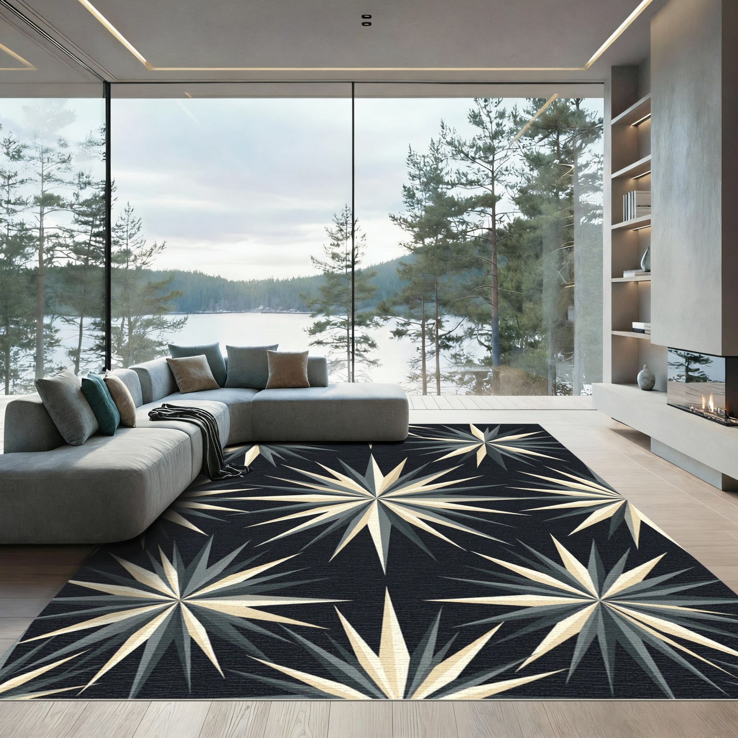 Midcentury Geometric Gold and Charcoal Sunburst Rug