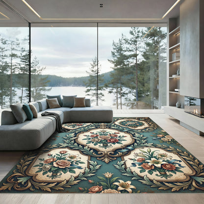 Vintage Teal Floral Bouquet Medallion Rug