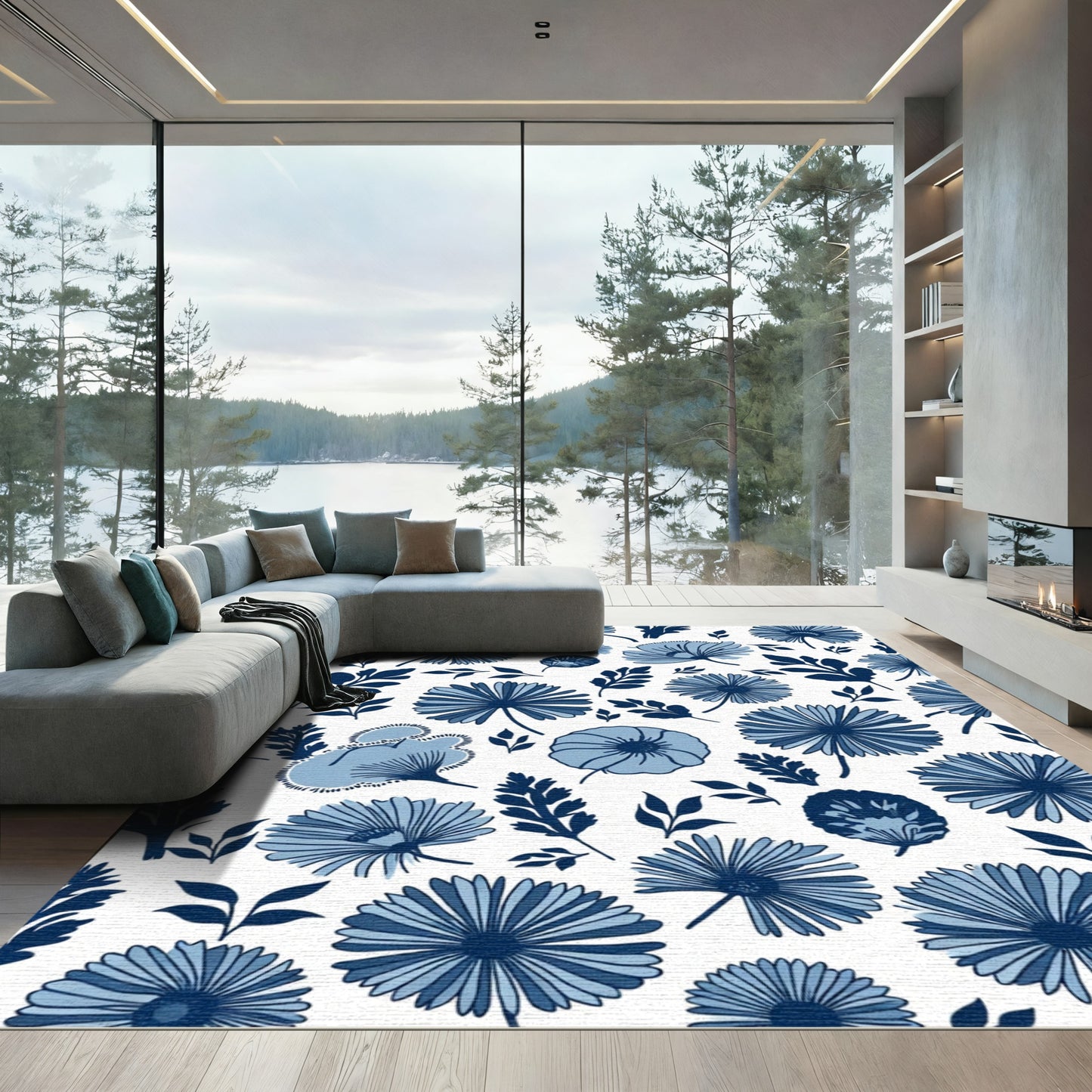 Indigo Blue Floral Botanical Collage Rug
