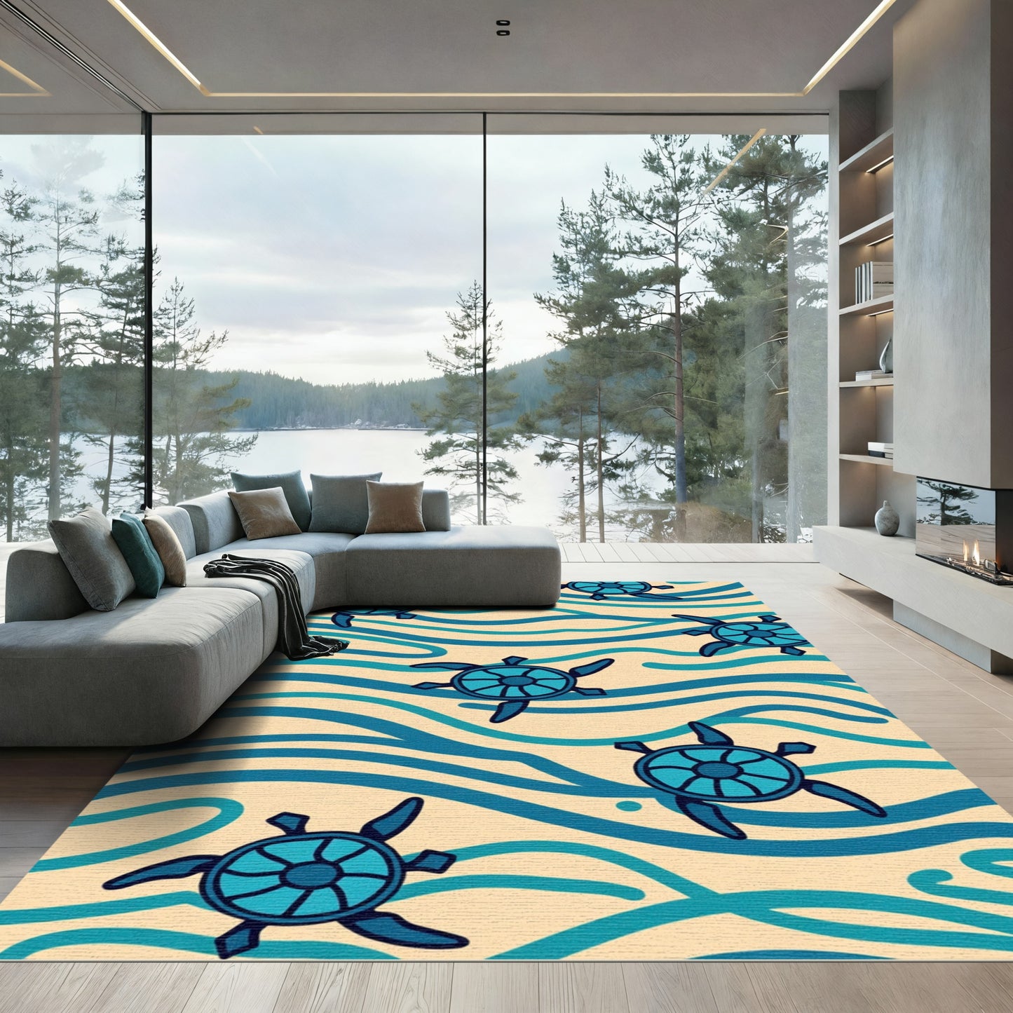 Blue Turtle Swirl Cream Aqua Rug