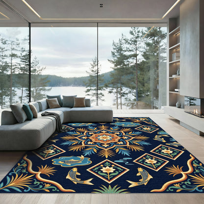 Navy Golden Koi Floral Medallion Rug